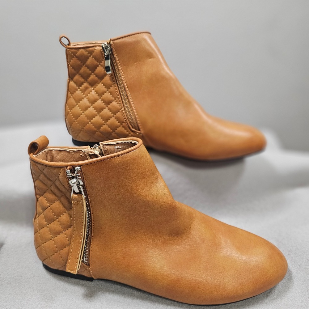 MaxMuxun Tan Quilted Ankle Boots Womens 6.5 Side Zip Flat Booties
